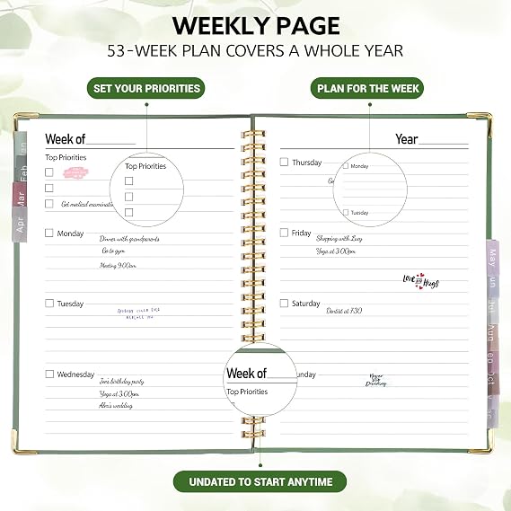 Undated Weekly Planner A5, Hardcover Notebook With 24 Monthly Tabs