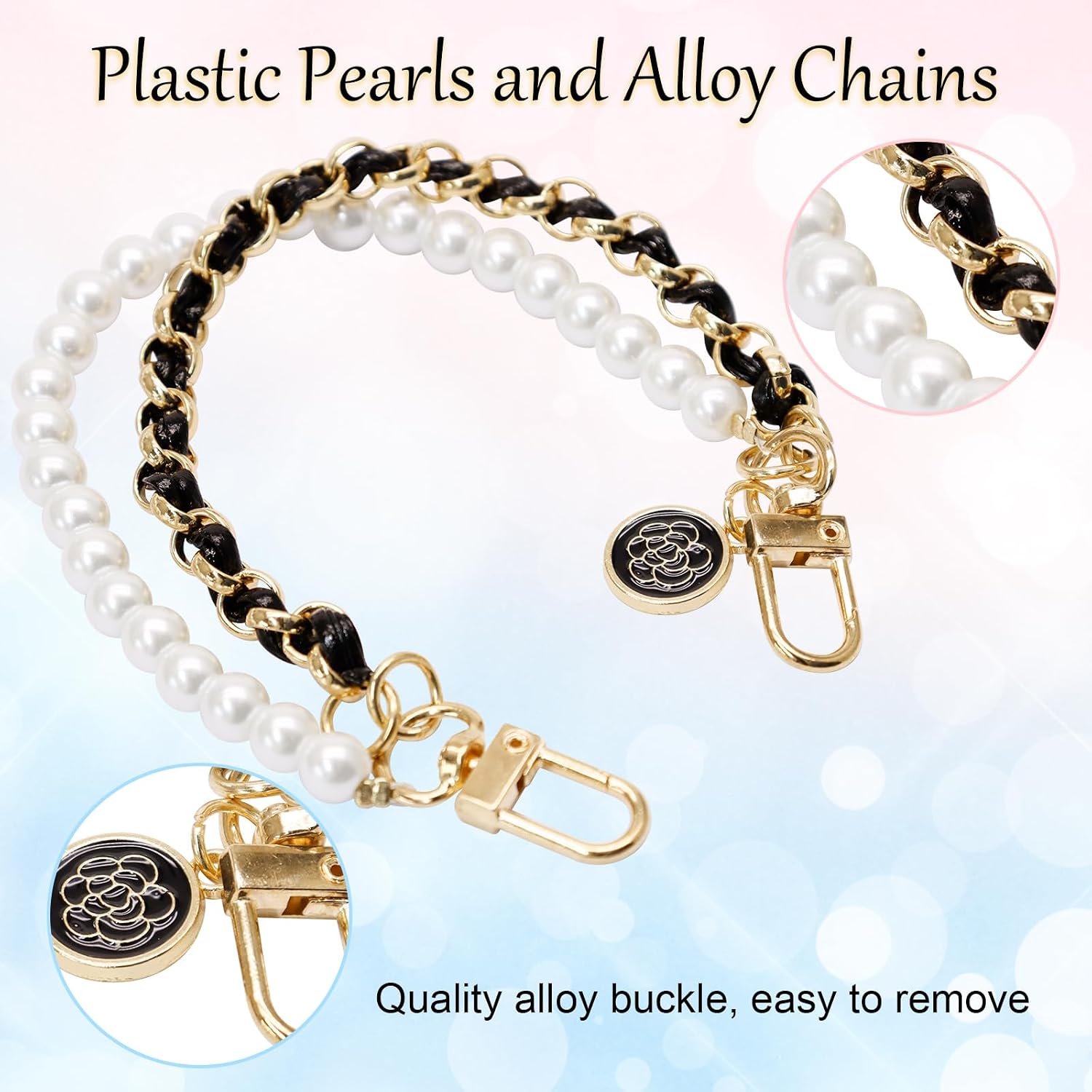 Pearl Chain, Purse Strap With Flower Decor, Black image 3
