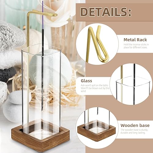 Miniatura 7 de Soporte rectangular de incienso para palos, soporte para palo de incienso con colector de cenizas, quemador de incienso con base de madera, quemador