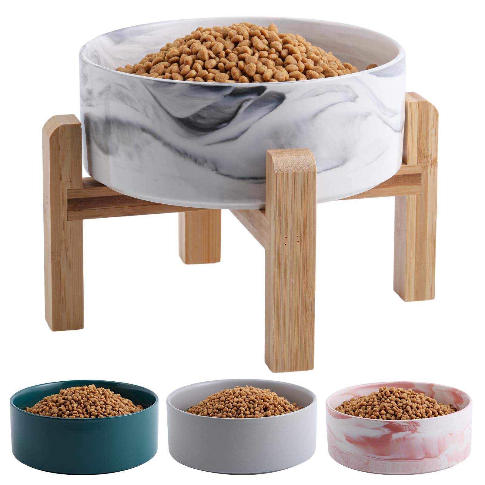 Addggo Elevated Dog Bowl Ceramic for Medium Large Sized Breed,Raised Dog Food Water Bowl with Stand,8 in 7.6 Cups Non Slip Pet Dish Heavy Weighted Marble Grey