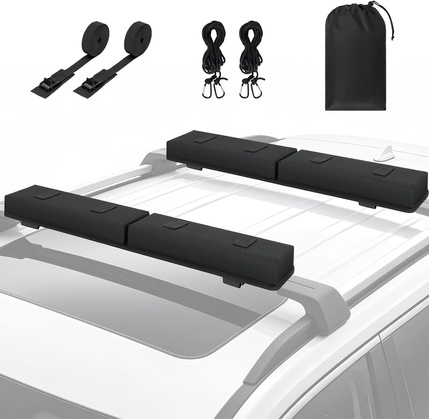 Universal Car Soft Roof Rack Pads Luggage Carrier Rack for Kayak Surfboard SUP Canoe Include 2 Heavy Duty Tie Down Straps, 2 Tie Down Rope, 2 Quick Loop Strap