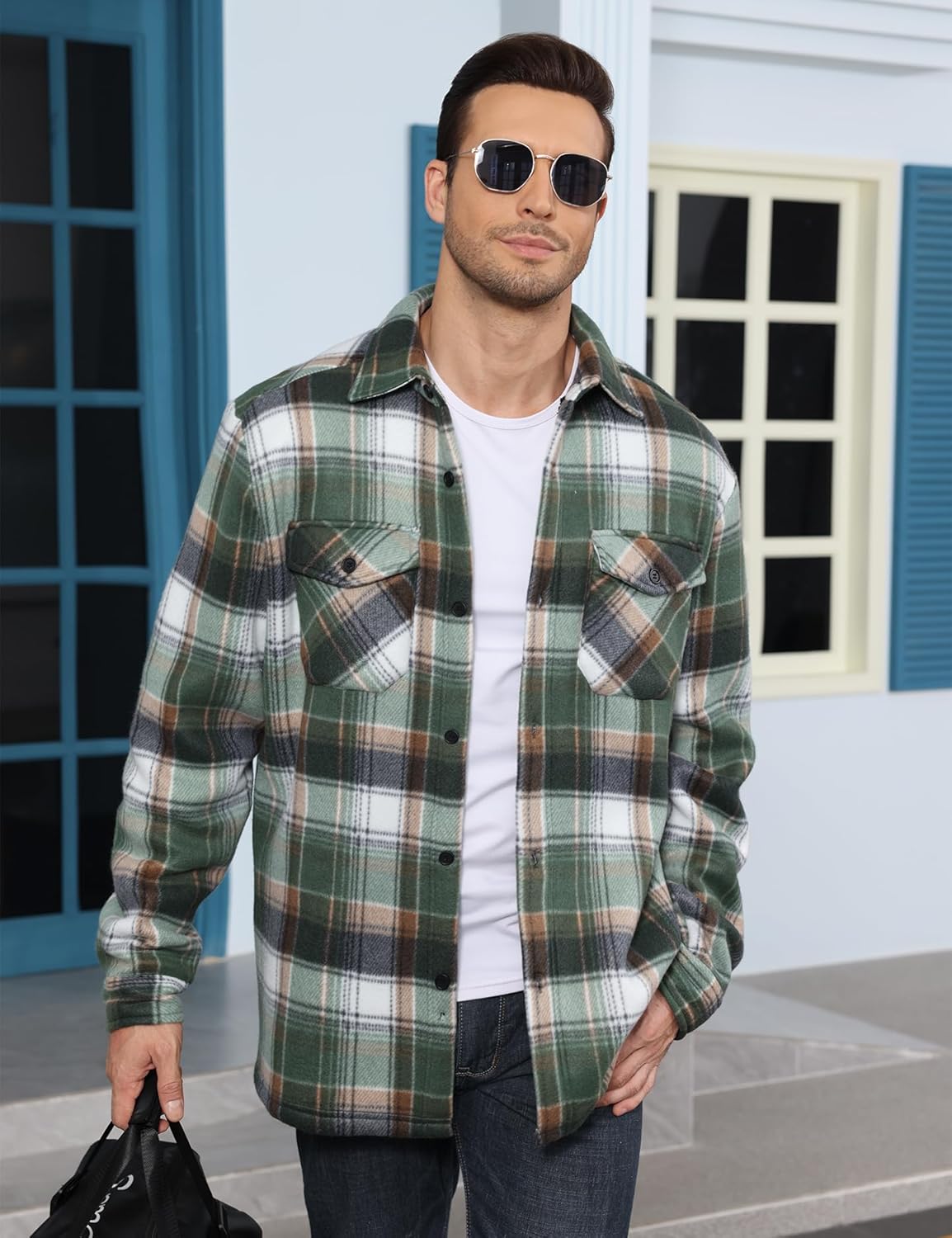 Men's Flannel Jacket Sherpa Lined Casual Button Up Plaid Jacket Long Sleeve Fleece Shacket with Pockets - Image 3