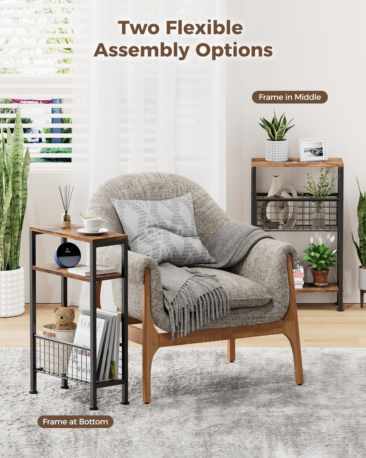 Karii Narrow Side Table, Skinny End Table for Small Spaces with Storage, 3-Tier Slim Wooden Bedside Nightstand Thin Couch Table for Living Room Bedroom Office Dorm Kitchen Bathroom (2, Rustic Brown)