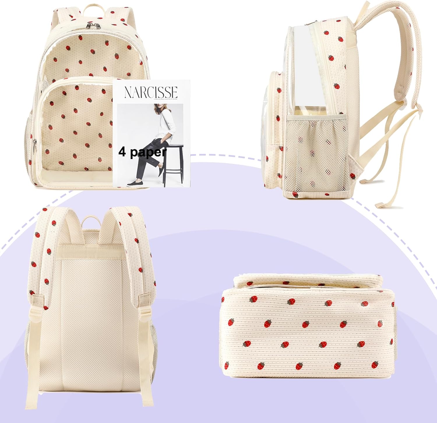 Clear Backpacks for Girls Corduroy Strawberry Heavy Duty TPU See Through Backpack Transparent Bookbag for Stadium Events,Work,School,and Travel