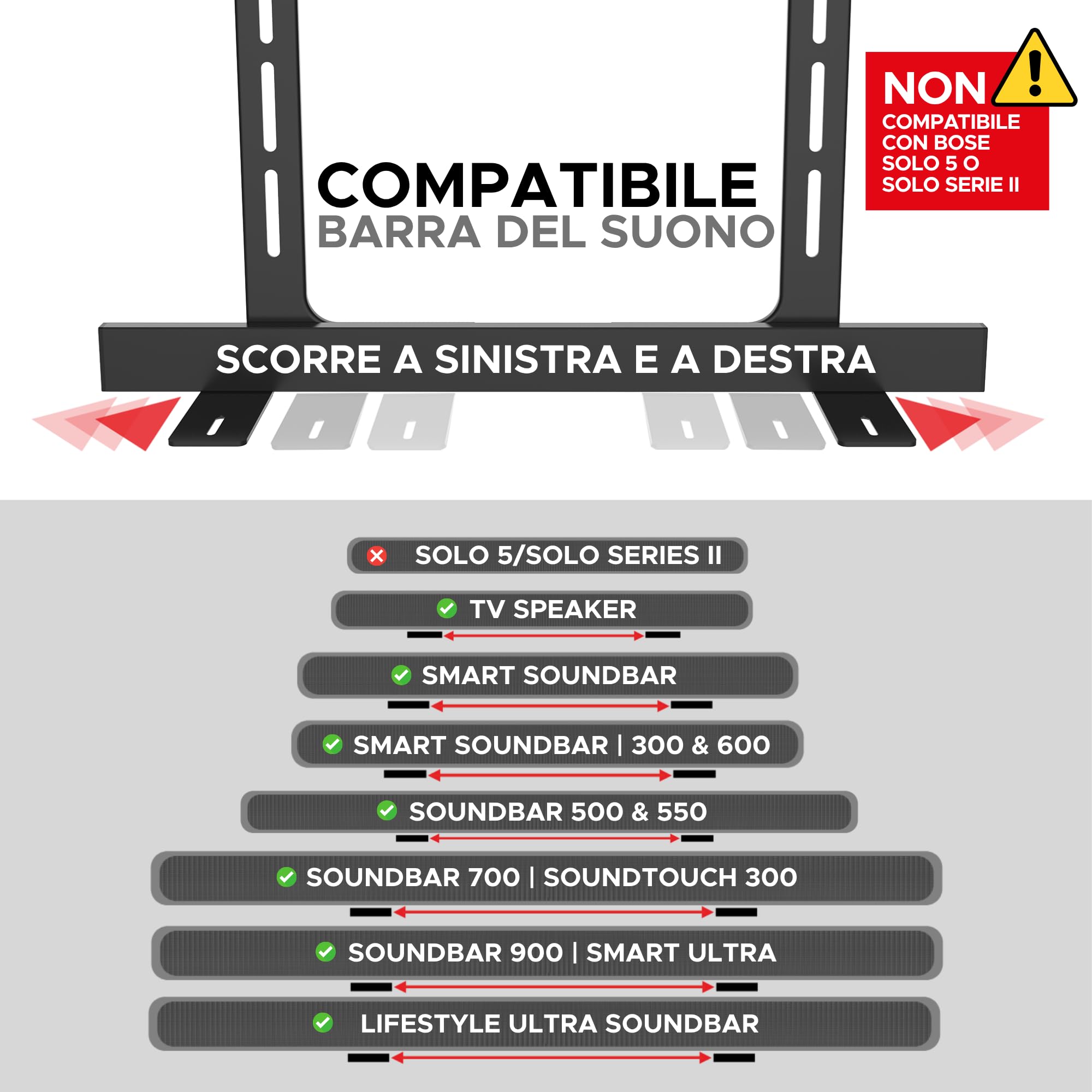 Supporto universale sotto la TV, Compatibile con Bose Smart Soundbar 300/500/550/600/700/900 Lifestyle Ultra, TV Speaker, Smart Ultra, Invisibile una volta montato, Facile da installare, Nero
