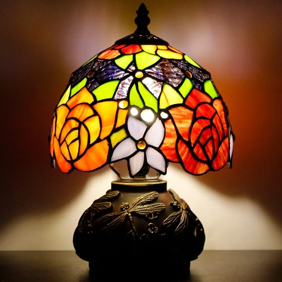 Small Tiffany Lamp Mini Stained Glass Table Lamp Red Yellow Rose Style Mushroom Desk Light Memory Sympathy Lamp 8X11 Inch [Energy Class A+]