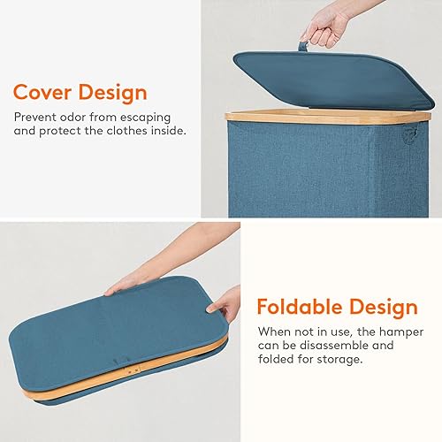 Miniatura 162 de Lifewit Cesta grande de 100 litros con tapa para ropa con asas de bambú y bolsa extraíble, plegable para dormitorio, baño, residencia universitaria