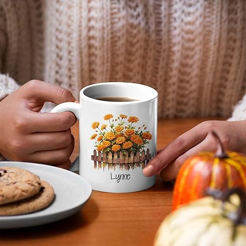 Miniatura 3 de Flores de caléndula personalizadas en el regalo de la taza de la cerca con el nombre, Regalo de la taza de cerámica de las flores de caléndula