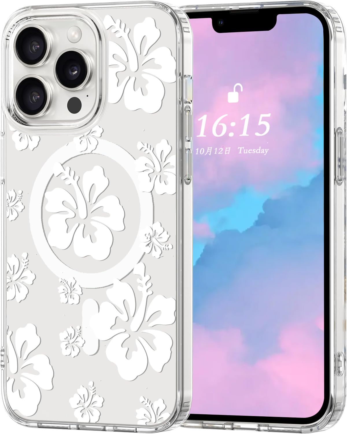 Houdqklee Magnetic Hibiscus Floral Case for iPhone 15 Pro, Cute Girly White Hibiscus Flower Phone Case Compatible with MagSafe, Clear Soft Slim Fit