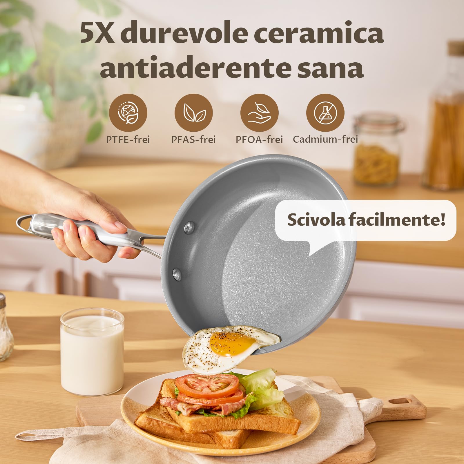 BLAZANT Set Padelle Induzione 3 Pezzi, Rivestimento Ceramica Senza PFAS, Fondo Molecolare Stabile, Manici Acciaio, per Cucina Sana e Cottura Quotidiana, 20+24+28 cm