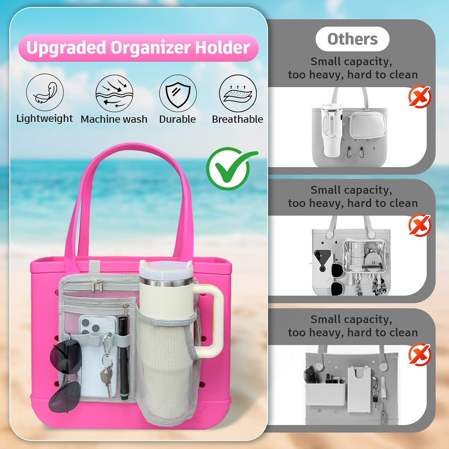 XYFuuee Organizer Holder for Bogg Simple Modern Bag Accessories | Cup & Phone Holder for Stanley 40oz 30oz, Lightweight Mesh Insert Pouch Divider for Large Medium Baby Beach Bog Rubber Tote