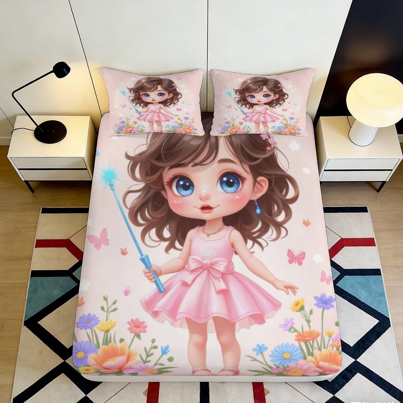 Decorative Cartoon Girl Fitted Sheet 3D Printed Microfiber soft touch, wrinkle resistant, bed cover for home bedroom guest room, easy care, apartment bedding 140x200x25cm