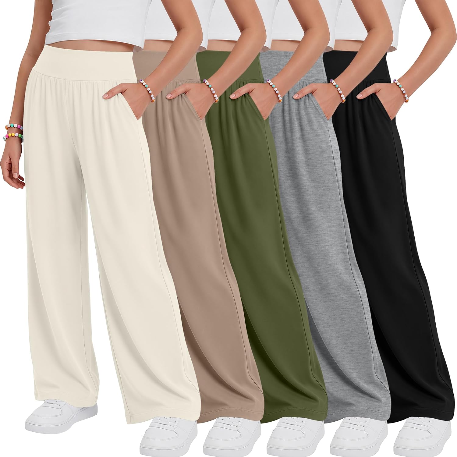 5 Pack Girls' Pants 5-14 Years Kids Wide Leg High Waist Sweatpants Athletic Yoga Casual School Joggers with Pockets