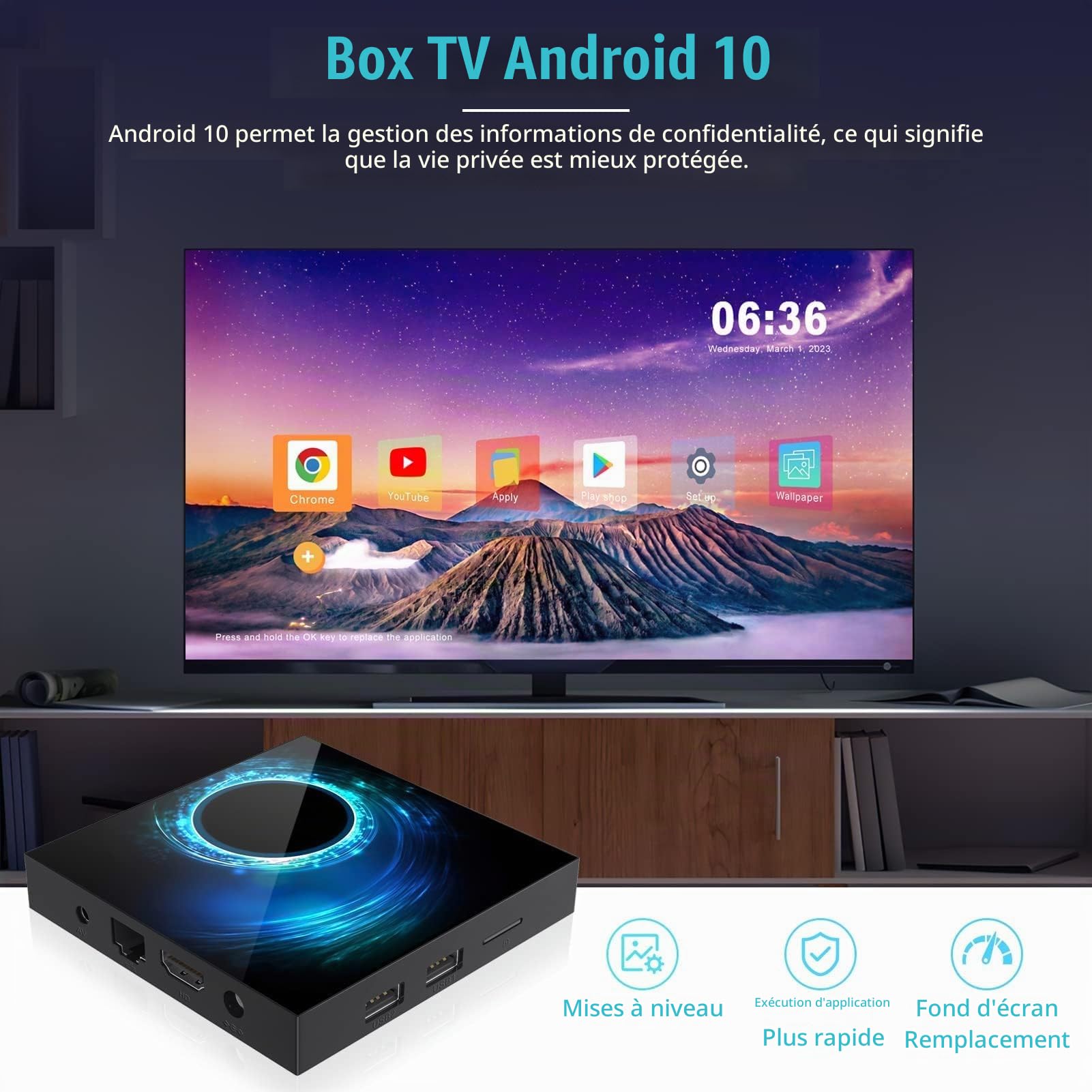 Android TV Box 10.0, Android Box 4GB RAM 32GB ROM Quad-Core Arm Cortex-A53 Con WiFi 2.4G/5.0G Ethernet 10/100M 6k HD Boitier TV Android