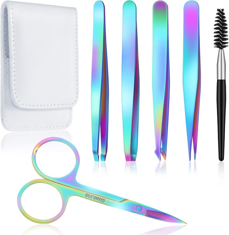 Honoson Kit com 4 Pinças para Sobrancelhas, Escova para Cílios, Tesoura Curva e Estojo, 6 Peças, Cores Arco-Íris
