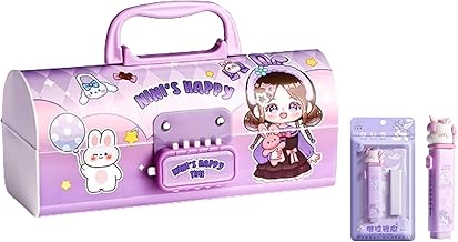 New Cartoon Theme Pencil Box with Push Pull Eraser Set for Kids | Suitcase Style Password Lock Stationery Organizer | School Supplies Gift Combo for Boys & Girls (Nini Happy Purple + Eraser)