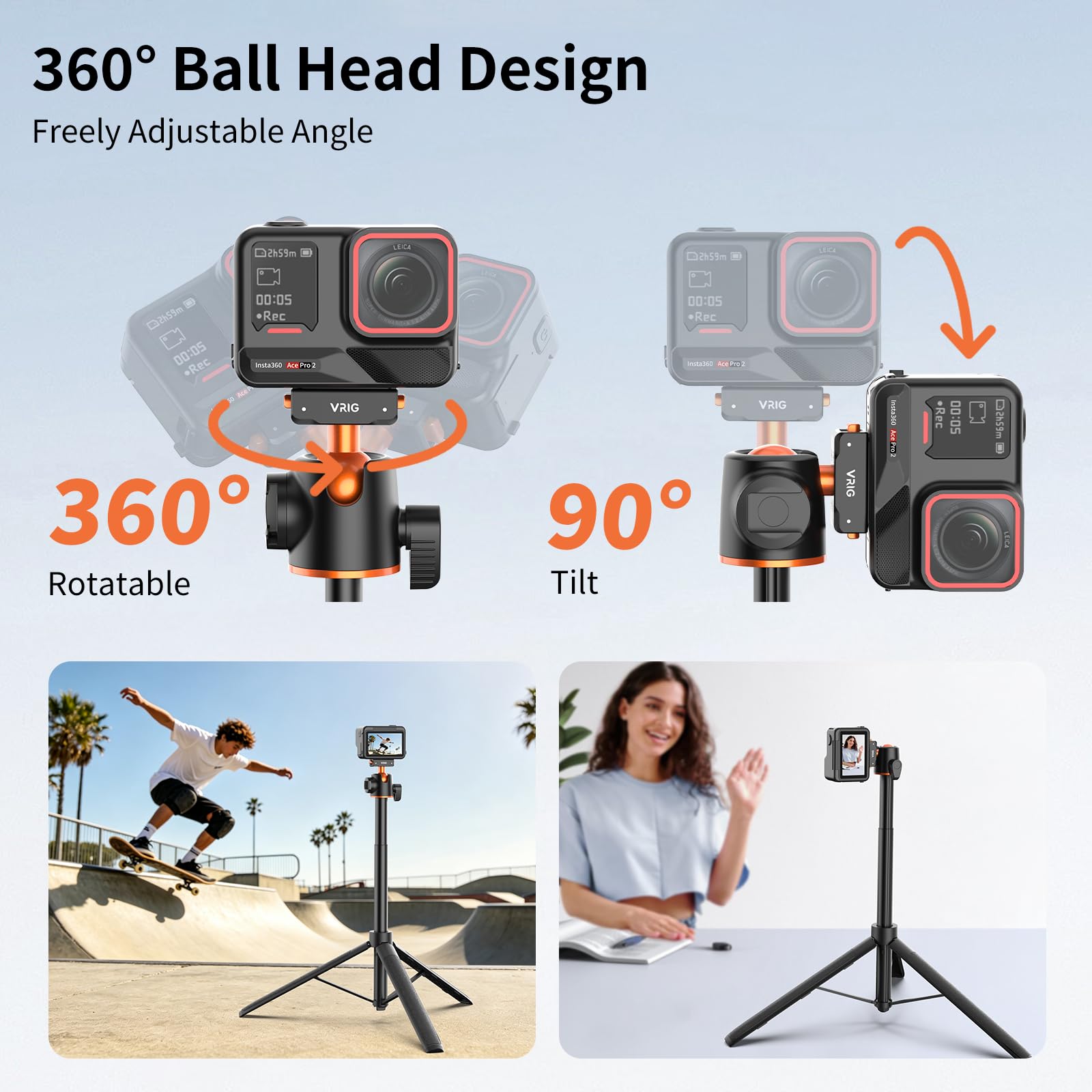 VRIG - Treppiede magnetico a sgancio rapido per Insta360 X6/X5/Ace Pro2 | 360 Testa a sfera allungabile Selfie Stick/Travel Vlogging Stand/Impugnatura portatile/Accessori