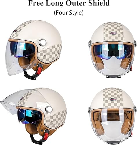 Miniatura 6 de Casco de motocicleta de doble visera 34 de cara abierta para hombres y mujeres, aprobado por DOT, unisex, casco retro para ciclomotor, crucero,