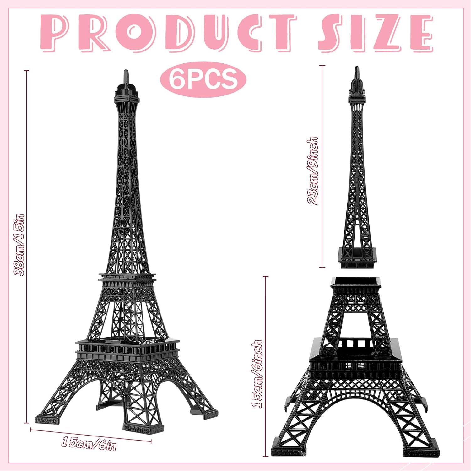 Therwen 6 Pcs 15'' Eiffel Tower Statue Decor Alloy Metal Paris French Eiffel Tower Model Collectible Figurine Paris Craft Art Statue Model Party Decoration Gift for Cake Topper(Black)