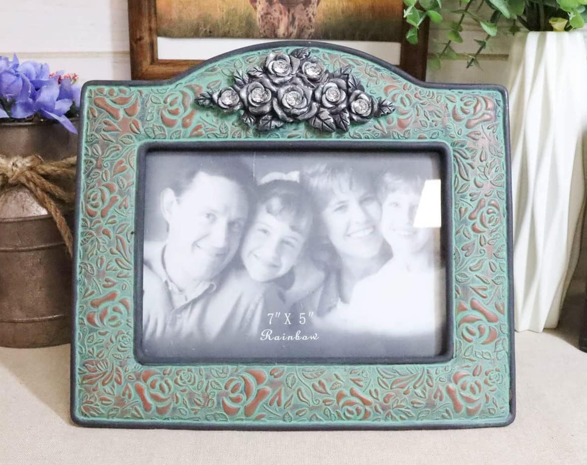 Ebros Gift Rustic Western Silver Roses Floral Arrangement With Scroll Lace Turquoise Patterns Sculpted Tooled Leather Easel Back Picture Frame for 5"X7" Photo Cabin Lodge Cottage Farm House Accent