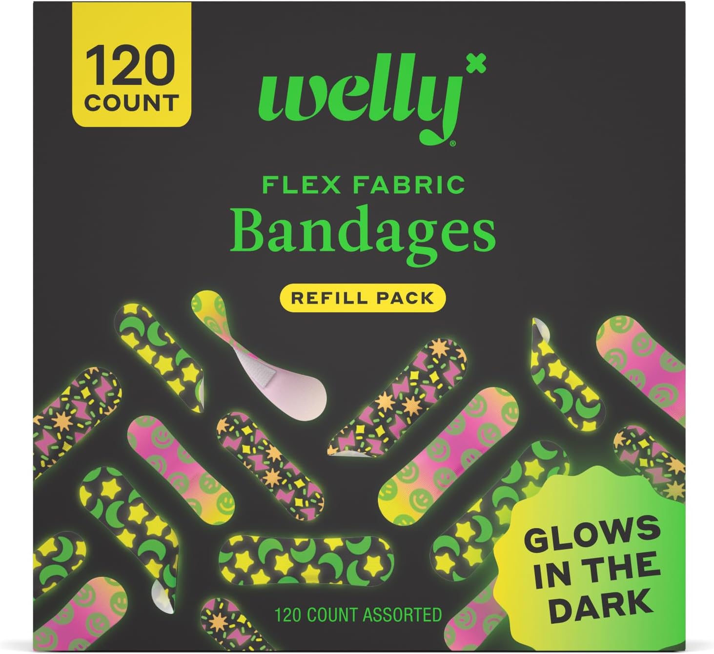 Bandage Glow-in-The-Dark Refill Pack | Adhesive Flexible Fabric Bandages | Assorted Shapes and Patterns for Minor Cuts, Scrapes, and Wounds - 120 Count