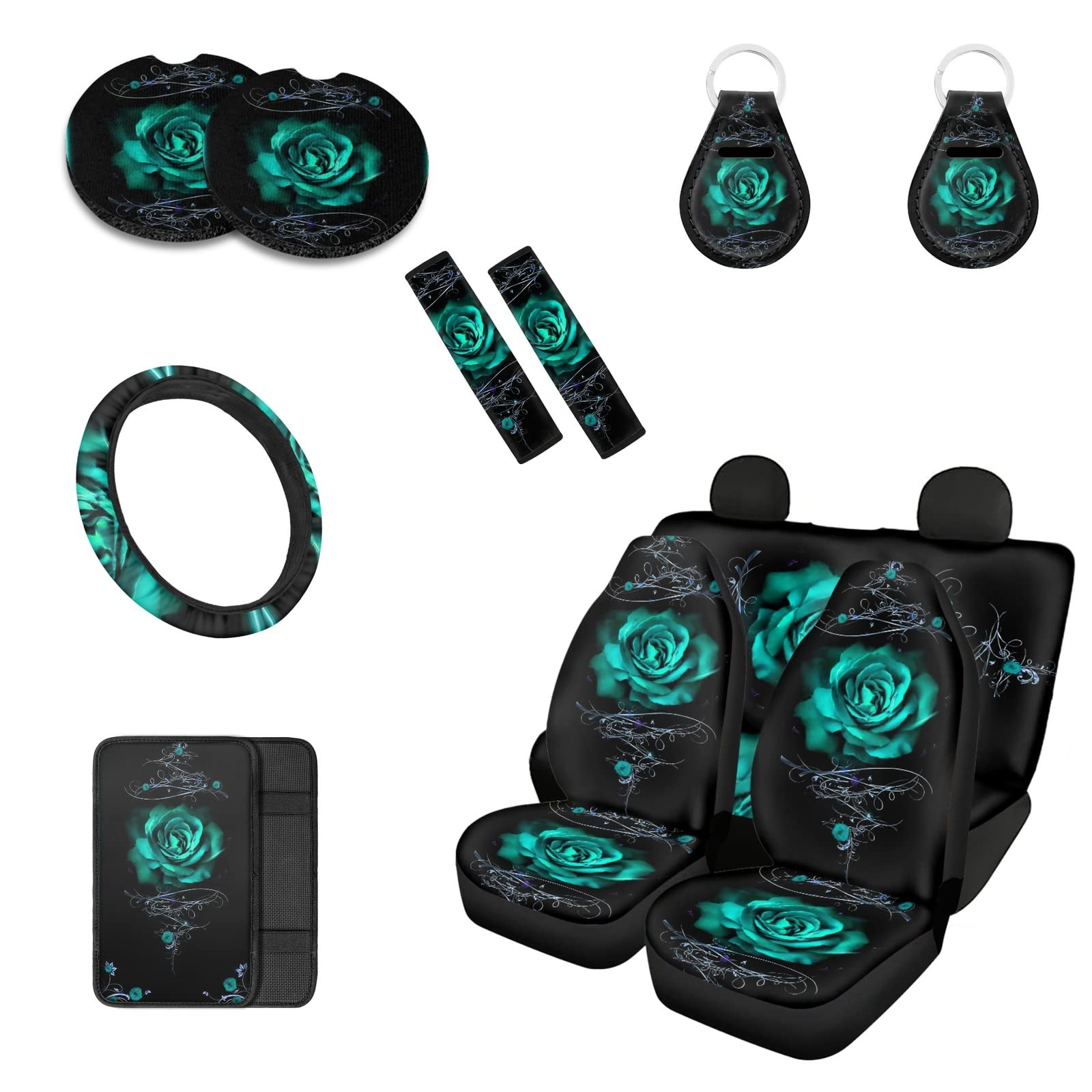 Howilath Green Rose Flowers Print Cars Seat Cover Full Set Accessories 12pcs Center Console Cover and Flower Steering Wheel Covers for Women Men