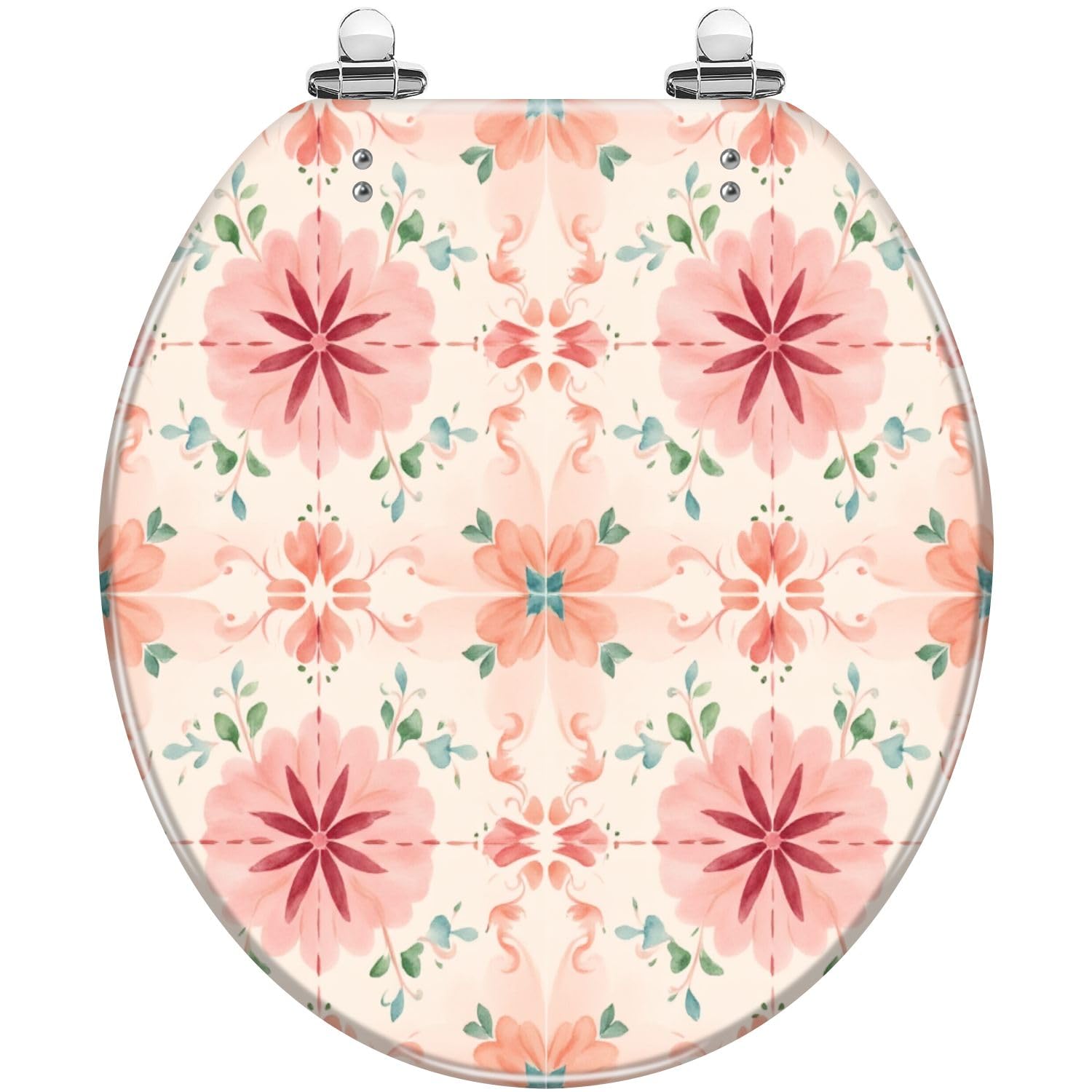 Asiento de inodoro rosa con estampado floral, flores de acuarela, hojas verdes, resina botánica, cierre silencioso, bisagras de liberación rápida, cubierta decorativa, fácil de limpiar e instalar.