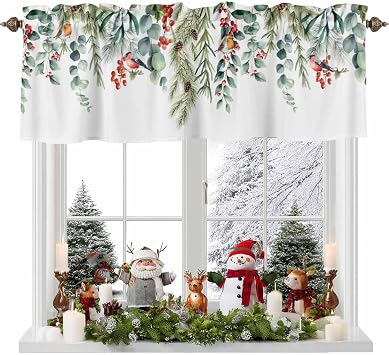 Christmas Cardinal Valance Kitchen Cafe Curtains,Berry Green Eucalyptus Leaves Rod Pocket Valances,White Short Curtain Window Valances for Bedroom Bathroom Living Room 54x18in
