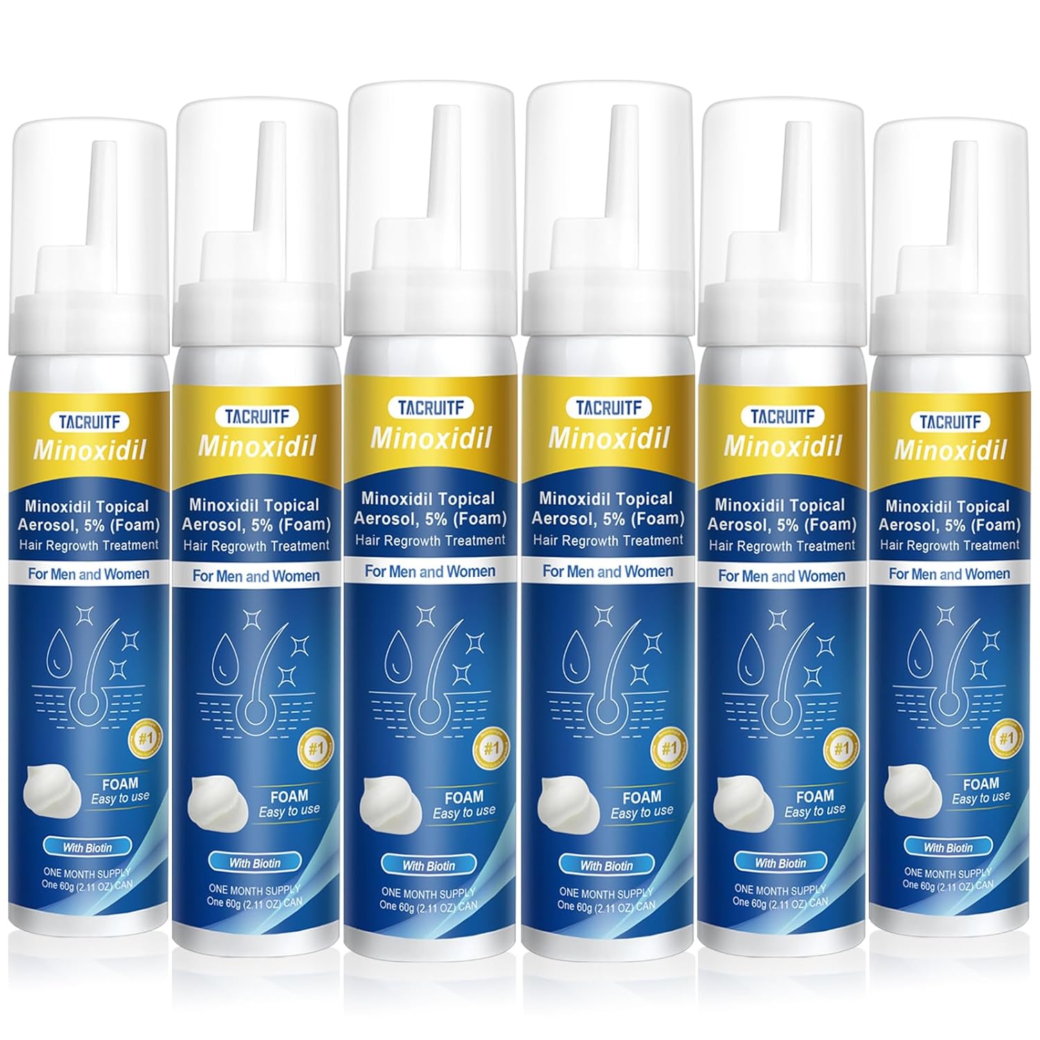 5% Topical Minoxidil Foam, Minoxidil for Men and Women, Infused with Biotin, Hair Growth Treatment, Supports Thicker, Fuller, Healthier Hair & Beard (Foam,6 x 2.11oz,6 Month's Supply)