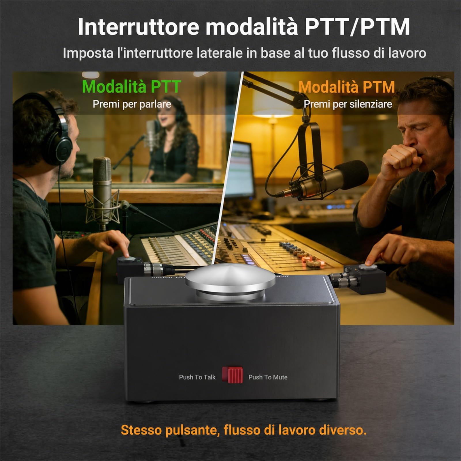 Cubilux Interruttore Mute Microfono XLR PTT/PTM con LED Podcast | Passa tra Push to Talk e Push to Mute, con stato LED, pulsante momentaneo e robusto corpo XLR in alluminio.