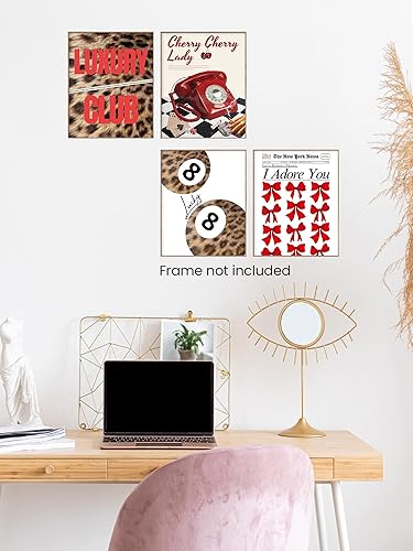 Miniatura 5 de Juego de 4 impresiones artísticas de pared de 8 bolas de la suerte con estampado retro de los años 70, diseño de leopardo y cereza roja de los años