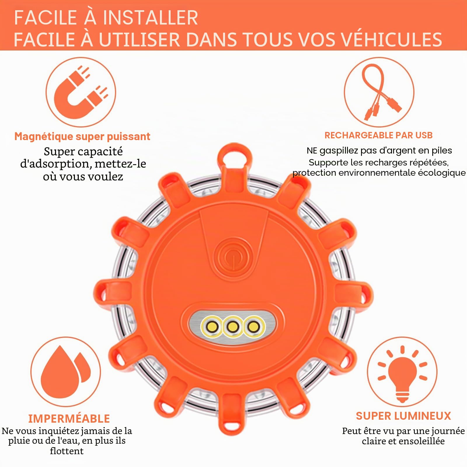 Gyrophare LED,Clignotant Routier LED,Indicateur de disque d'urgence rechargeable USB avec 9 modes de clignotement,câble de charge 2 en 1 et chargeur camion clignotant lumière d'avertissement (4)