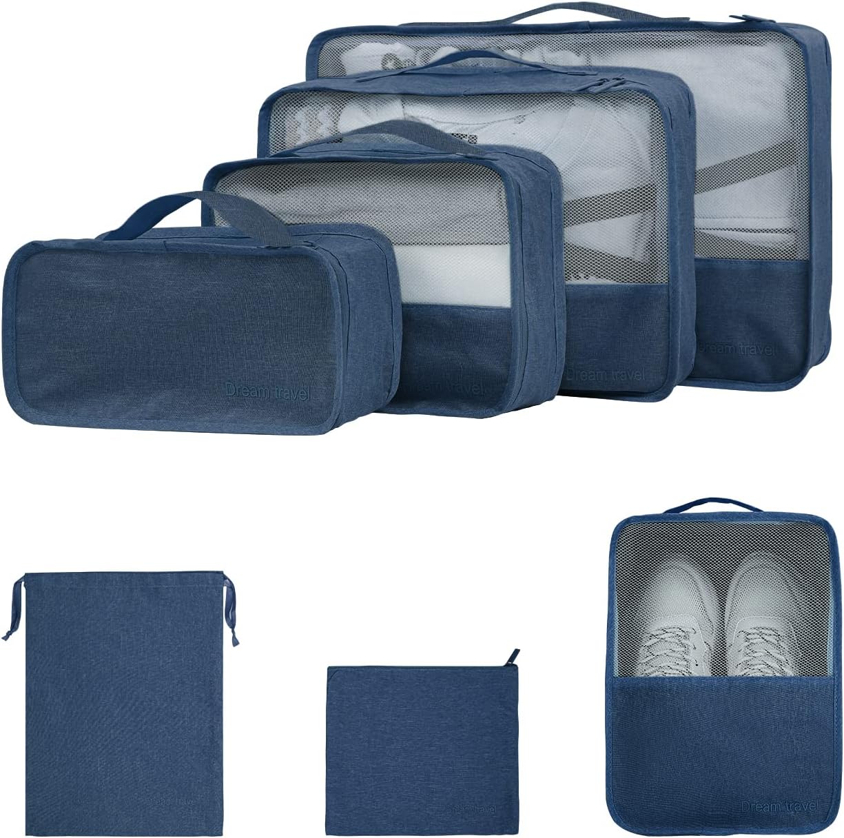 Surblue Travel Packing Cubs for Luggage Suitcase Organizer Clothing 7 Set with Two-way Zippers and Belts Travel Accessories for Clothes, Shoes, Bra, Green