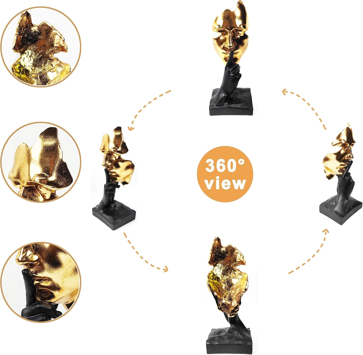 Thinker Statue-Silence is Gold-Abstract Art Figurine Decor - 12" H No Hear No See No Speak Modern Home Resin Sculptures Decorative Objects Decor for Home Office Bookshelf Desktop