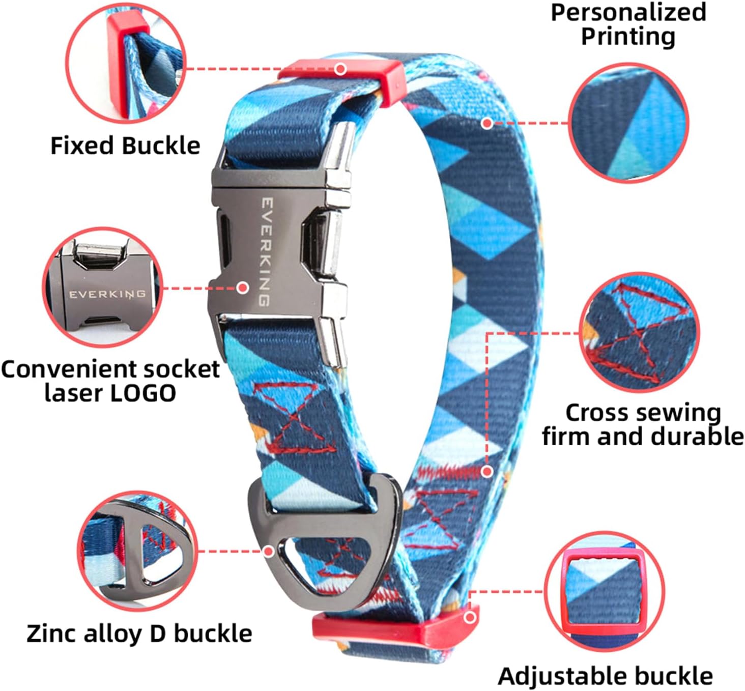 Everking Dog Leash and Collar Set with Metal Buckle,Suitable for Large Dogs Weighing 21-40kg, Memphis Geometric Pattern Design Style, Flexible Webbing, Nylon Handle, Adjustable (Blueberries, L)