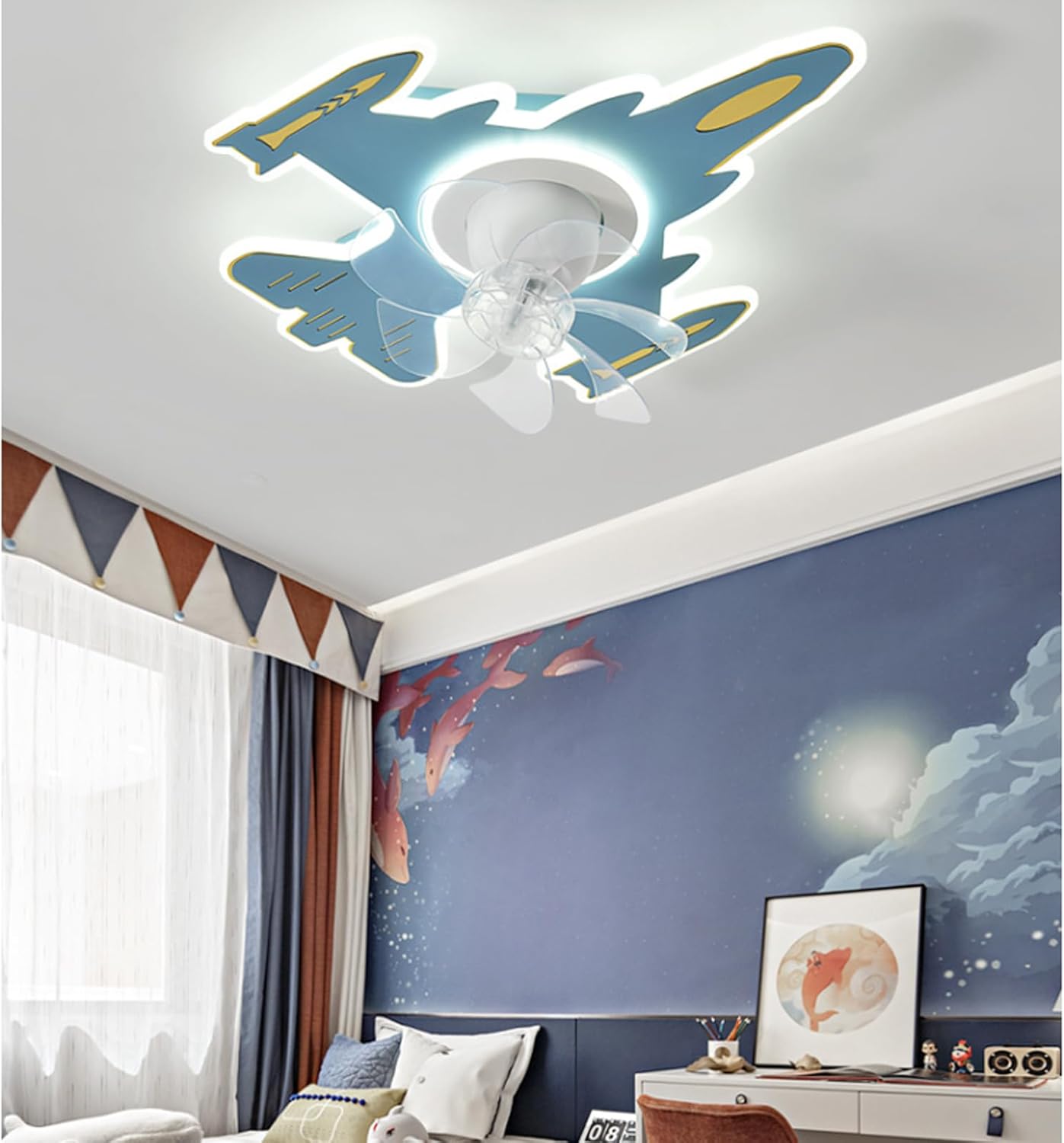 Airplane Ceiling Fan with Light with Remote,360 Rotating Fan Ceiling Light Low Profile Reversible Ceiling Fan,Ceiling Fans with Lights for Boys and Girls Room Living Room Dining Room/Blue