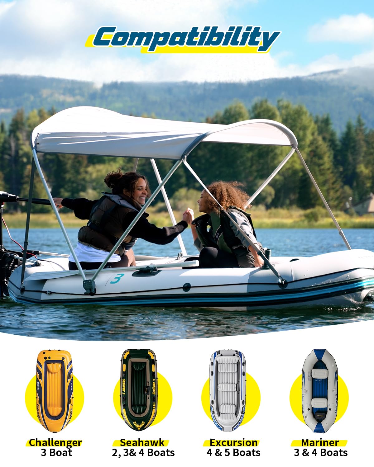 Bimini Top per barche adatto per Intex Escursion 5 & 4, Mariner 4 & 3, Seahawk 2, 3 & 4, e Challenger 3, 5'3" x 4'1 x 4'1", grigio, copertura per ombrellone da barca di ricambio (solo superiore)