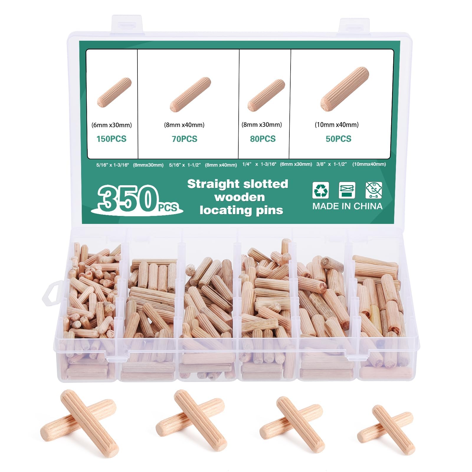 Tasselli in Legno Scanalati 6x30/8x30/8x40/10x40mm, Spine e Perni in Legno Duro 350 Pezzi per Mobili, Assemblaggio