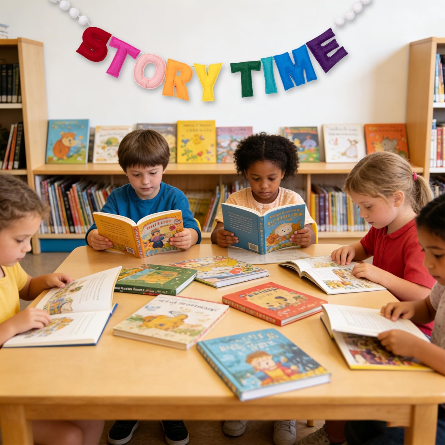 Pre-Strung Felt Storytime Banner - Handmade Nursery Story Time Wall Sign 3D Wool Rainbow Storytime Felt Garland, Reusable Reading Corner Decor for Nursery Kids Room Classroom Library (Storytime)
