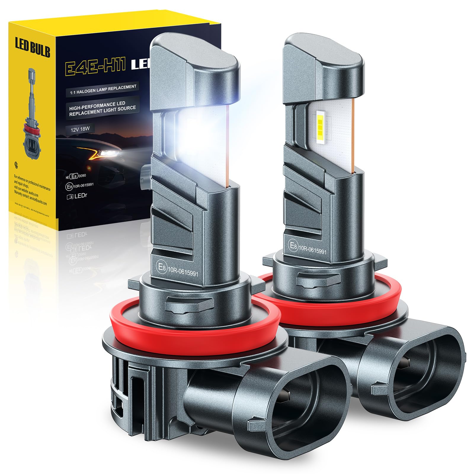 AUXITO H11 LED Scheinwerferlampe, UNECE-R37 Zulassung mit E-Zeichen, +500% helleres Licht, 6000K kaltweiß, 50000 Stunden Lebensdauer, 1:1 Mini-Größe, Plug & Play – Schnell & Einfach, 2 Stück