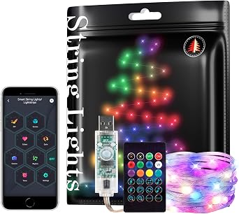 BTF-LIGHTING RGB IC WS2812B USB Twinkle Smart Fairy Light String 16.4FT 50pixels Black Wire Music Bluetooth Mesh APP IR Remote DIY Control Sync Color Chasing IP65 for Christmas Tree Bedroom etc DC5V