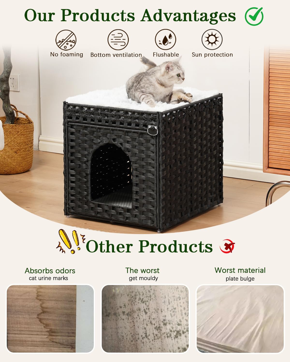SETVSON Cat Litter Box Enclosure Furniture, Hidden PE Rattan, Black | PE Rattan Kitty House with Top Fence, Fits Standard Litter Box, Included Litter Mat, 2 S-Hooks, Sturdy Metal Frame