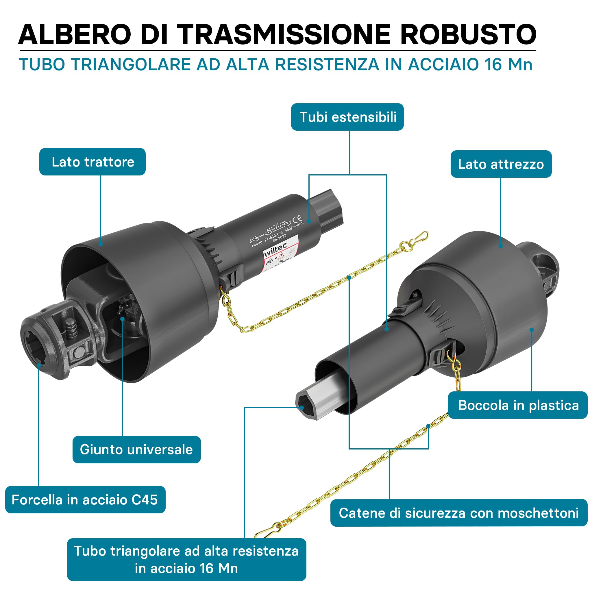 Wiltec Albero cardanico T4 Giunto cardanico 520mm 460Nm 540rpm Cardano 40kW (55CV) 2X 1 3/8" 6 Denti