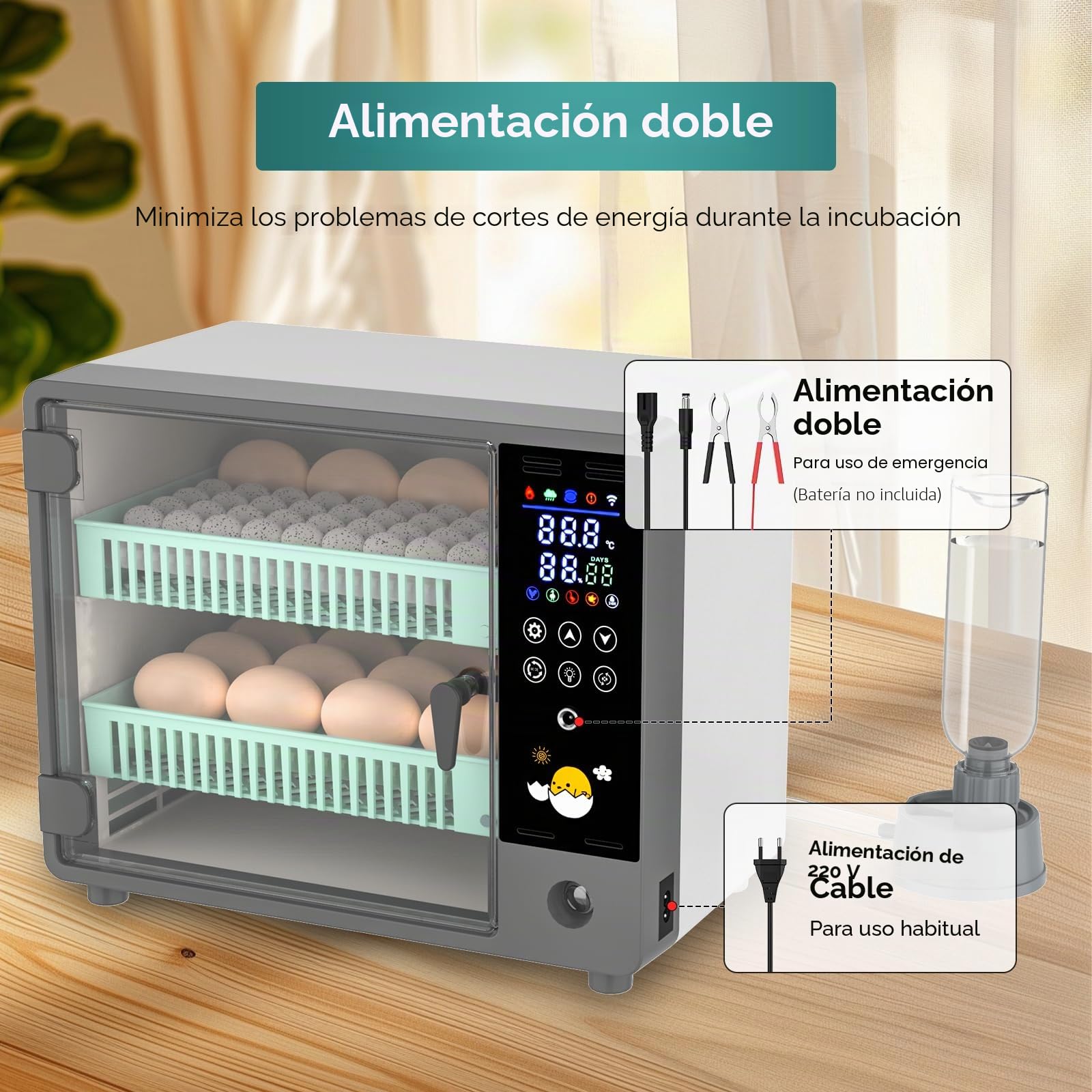 Máquina incubadora completamente automática, 24 huevos con paleta automática y control de temperatura, doble fuente de alimentación, incubadora para pollos, codornices, patos (A)