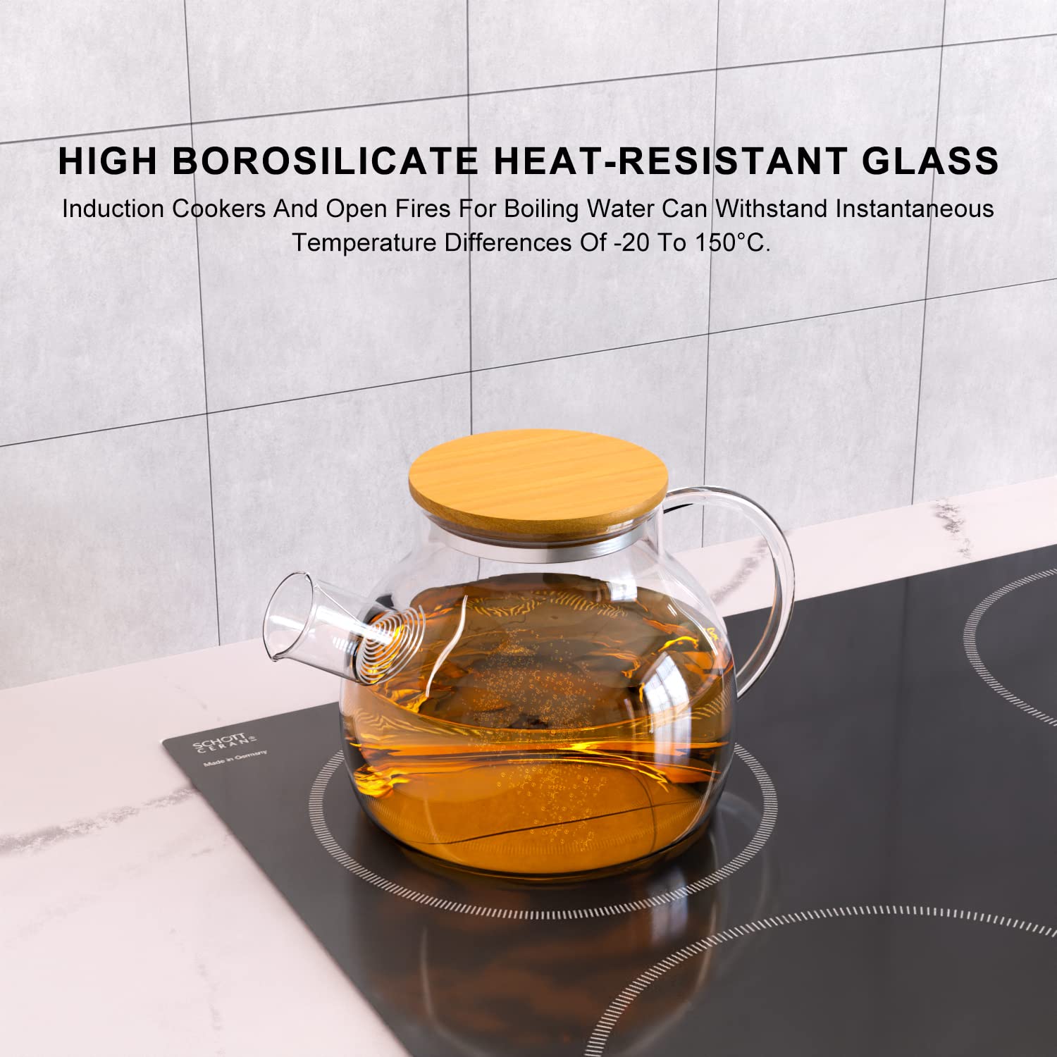 Yuning Tetera, Tetera de Cristal con tapa - Capacidad 1 litros -Hecha de Cristal Borosilicato Jarra Té helado Zumo Café - Botella Agua Fría o Caliente de Vidrio Apto para Frigorífico