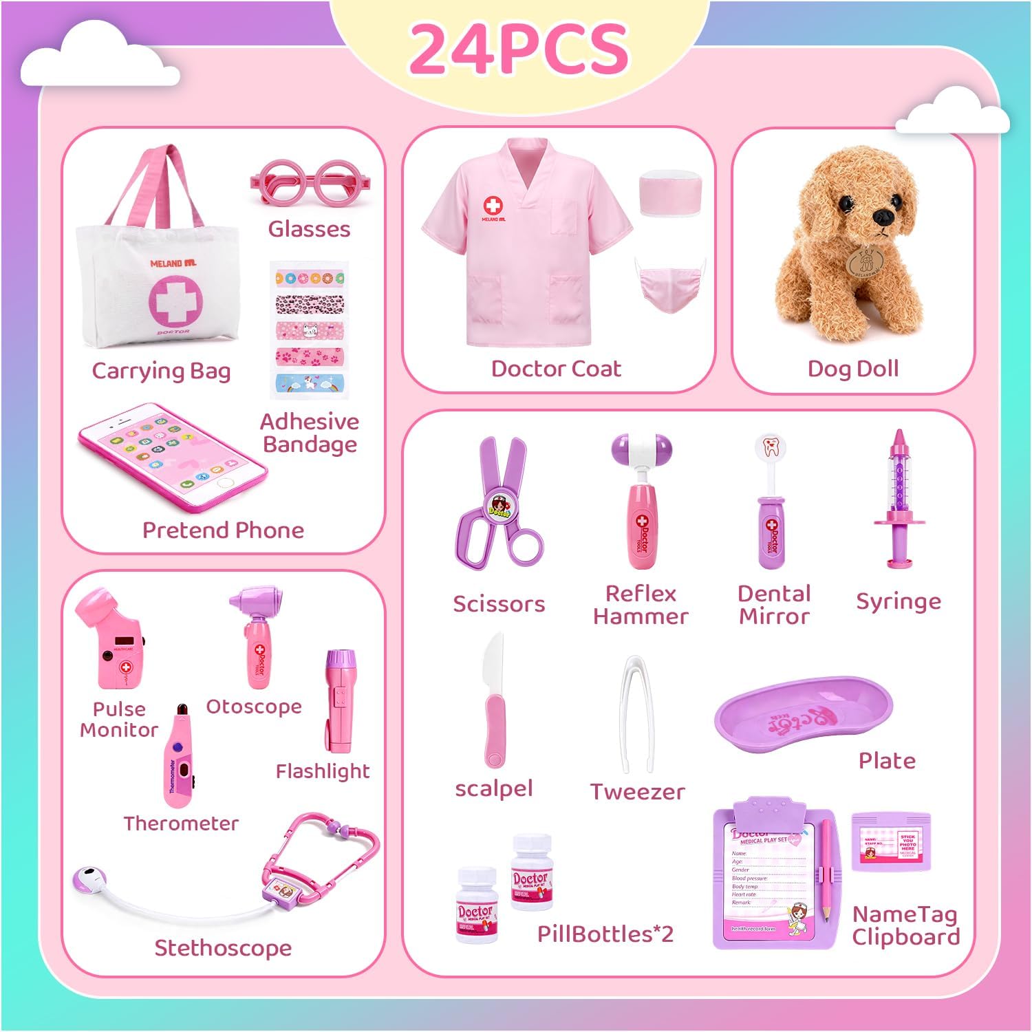 Meland Toy Doctor Kit for Girls, Pretend Play Toy Doctor Set with Dog , Carrying Bag, Stethoscope & Dress Up Costume Gift for Kids Toddlers Ages 3 4 5 6 Year Old for Role Play - Image 2