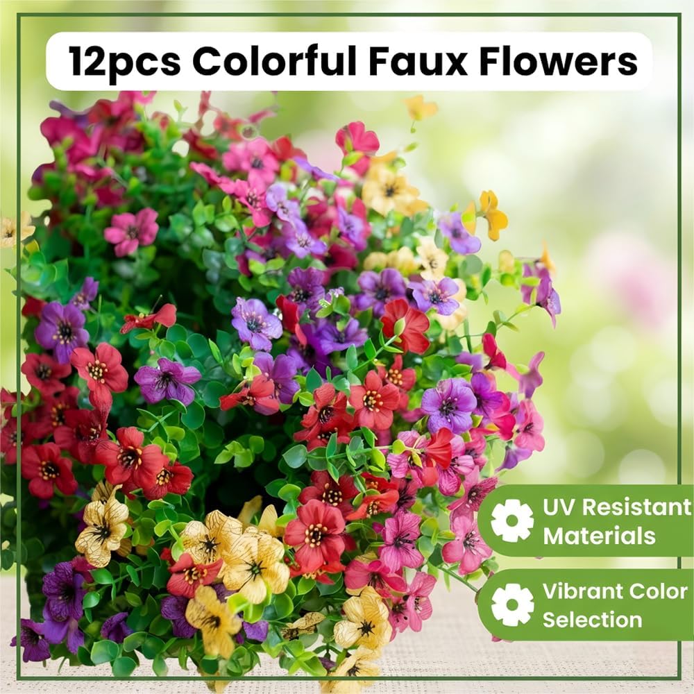 12 Pcs Artificial Flowers for Outdoors, UV Resistant Fake Flowers for Outside, Bulk Faux Flowers for Outdoor Planters, 6 Colors Plastic Spring Flowers for Front Porch Home Garden Decor, 13.4 Inches