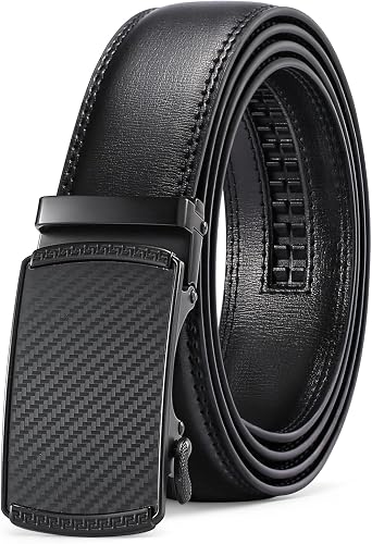 SENDEFN Mens Leather Belt Automatic Ratchet Buckle Slide Belt for Dress Casual Trim to Fit with Gift Box
