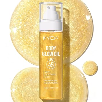 KYDA Travel Size Sunscreen, SPF 45 Body Glow Oil with Sequin Mica, Lightweight Moisturizing Coconuts Sunscreen SPF Glow Oil, Sun-kissed Shimmer Body Lotion, Water Resistant, 3.38 fl oz, GOLD