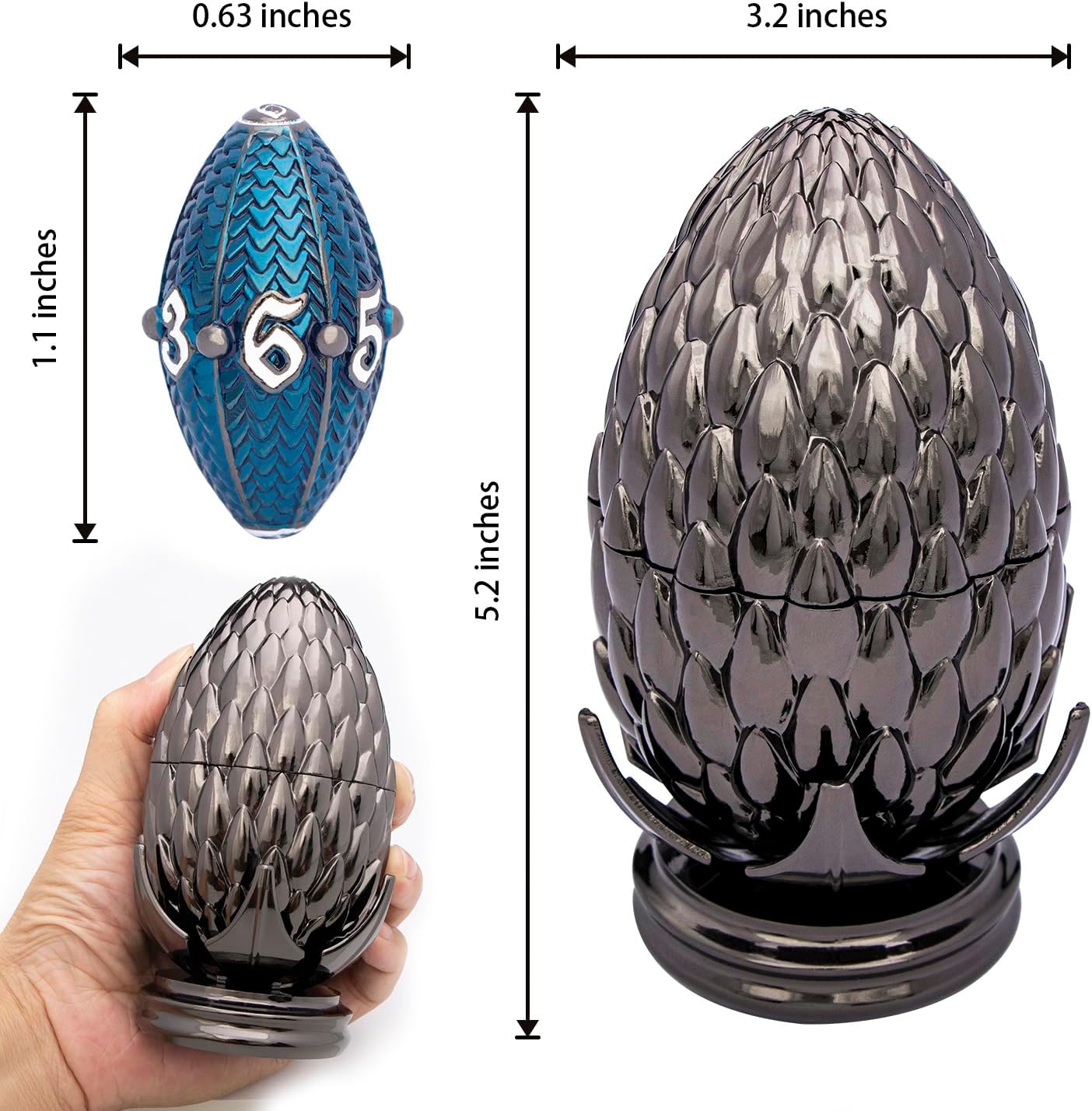 ARUOHHA DND Metal Dice Black Blue Dragons Egg Dice with Rotating Dragon Egg Shell, Compatible with D&D RPG Role Playing Game, Dungeons Polyhedral D and D Dice Set D20 D12 D10 D8 D6 D4